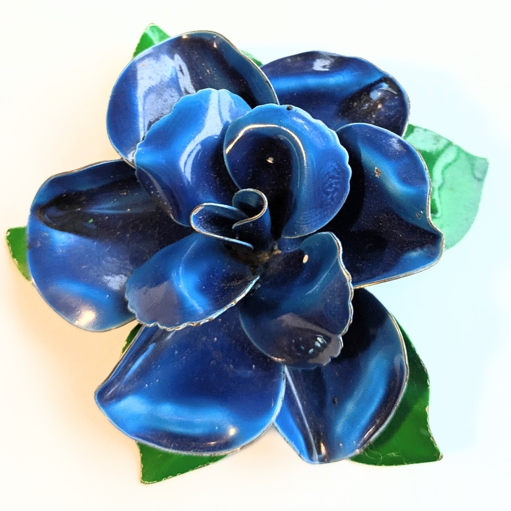 Vtg 1960s Large Mod MCM Mid Century Blue Enamel Rose Statement Pin Brooch